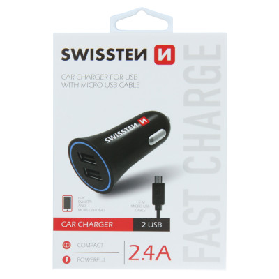 Swissten nabíječka do zapalování 2,4A  2x USB + KABEL MICRO USB