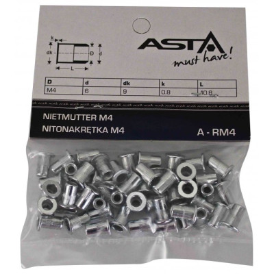 Maticové nýty - nýtovací matice s plochou hlavou, ocel, různé rozměry, balení 50 ks - ASTA