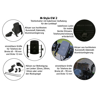 M-Style EW držák telefonu s bezdrátovým nabíjením a objímkou Kawasaki Z1000SX 2017-2020