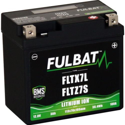 Lithiová baterie  LiFePO4  YTX7L-BS, YTZ7S  FULBAT  12V, 3Ah, 180A, hmotnost 0,42 kg, 113x70x105