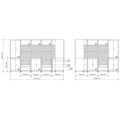 Rohová sestava dílenského nábytku - skříně, závěsné skříňky a děrovaná stěna - BGS 80160