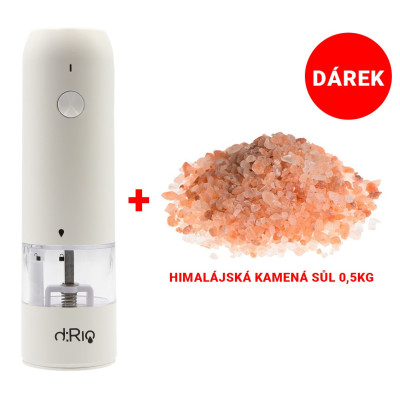 dRio AKU Elektrický mlýnek na sůl a pepř - bílý + dárek 0,5kg kamenné Himalájské soli