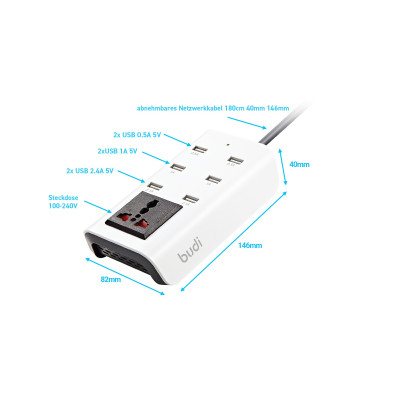 SEFIS domácí nabíječka 6x USB s kabelem 180 cm a zásuvkovým slotem