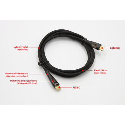 SEFIS nabíjecí datový kabel s LED konektory USB-C a Lightning 20W 1,5m černý