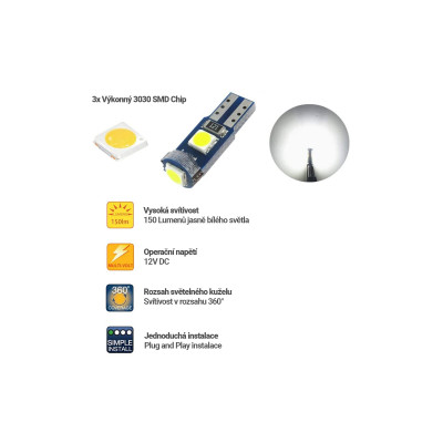 LED žárovka T5 3030 3SMD 1,2W pro podsvícení budíků palubní desky bílá