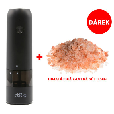 dRio AKU Elektrický mlýnek na sůl a pepř - černý + dárek 0,5kg kamenné Himalájské soli