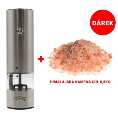dRio AKU Elektrický mlýnek na sůl a pepř - nerezový + dárek 0,5kg kamenné Himalájské soli