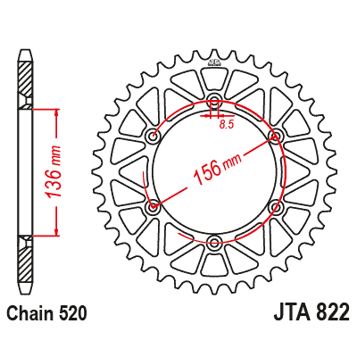 Hliníková řetězová rozeta JT JTA 822-44BLK 44 zubů, 520 černá