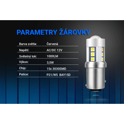 LED žárovka P21/5W BAY15D 15SMD 3,5W červená