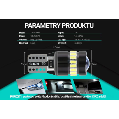 SEFIS LED žárovka 224 W5W T10 12V 19SMD bílá