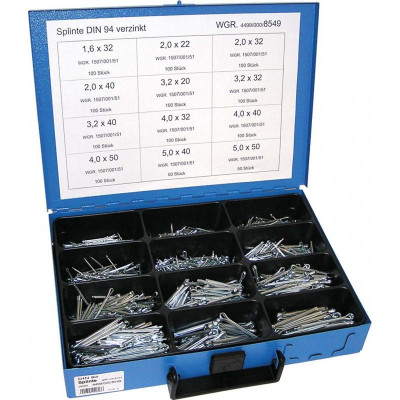 Závlačky DIN 94 1.6x32-5.0x50 mm, pozinkované, sada 1100 ks v kufru