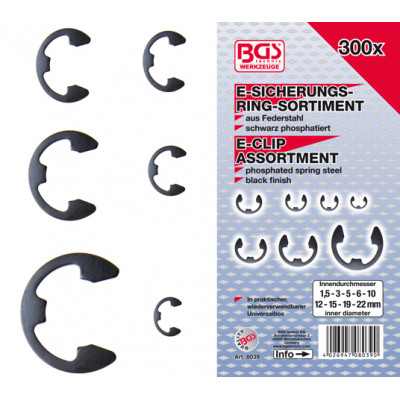 Pojistné kroužky třmenové („E-kroužek“), velikosti 1,5 až 22 mm, sada 300 ks – BGS 8039